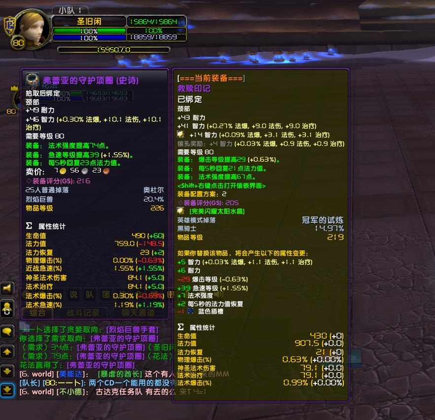 联盟-法师-花法 79点需求治疗职业装备“弗蕾亚的守护项圈（史诗）”属于黑装备行为。